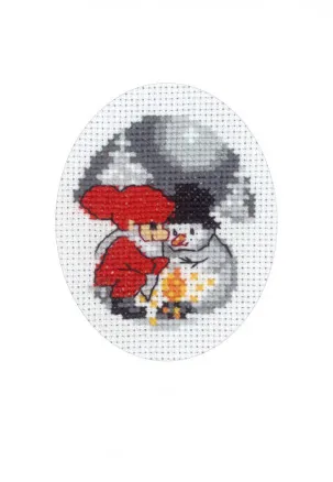 Permin Stickset Weihnachtskarte Schneemann und Wichtel 9x13cm
